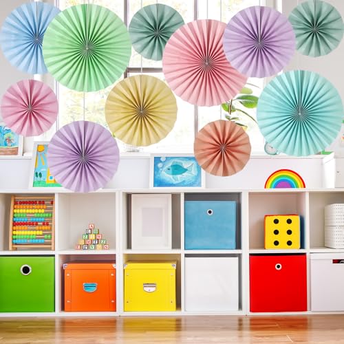 Image of 18 Pcs Pastel Hanging Paper Fans Decor Macaron Birthday Paper Fans Rainbow Ice Cream Garlands Bulletin Board Classroom Decorations for Party Supplies Classroom Decor