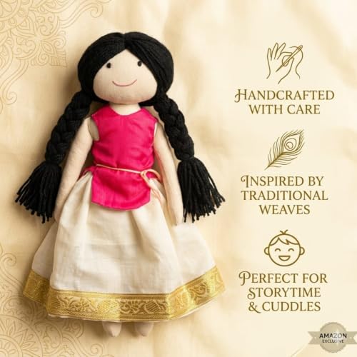 Image of Pink Kerala Girl Handcrafted Indian Rag Doll, Soft Cotton Fabric & Yarn Hair South Indian Cloth Doll, Traditional Handmade Doll for Kids, Home Decor & Gifting
