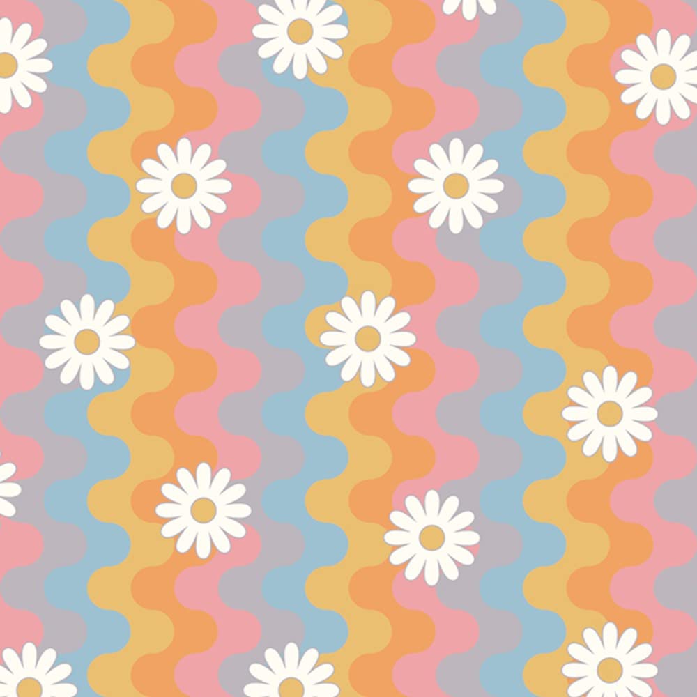 Polycotton Fabric Sunset Daisies Daisy Floral Flower Rainbow Wavy (Pastel)