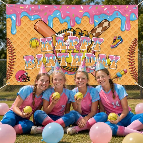 Ice Cream Drip Softball Party Backdrop Sports Happy Birthday Party Decor by Yigemoyo - Used condition - Image 6