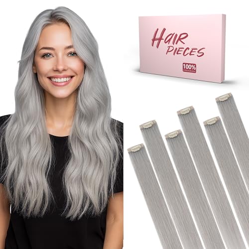 SEGO Clip In Short Hair Extensions Real Human Hair Single 6 Pcs Silver Grey Individual Clip Ins Remy Straight Soft Seamless Hairpieces for Women -10 Inch #G1 Grey