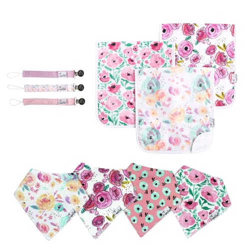 Image of Copper Pearl Essentials Bundle | Baby Burp Cloth Large 21"x10" Premium Absorbent Triple Layer 3 Pack | Baby Bandana Drool Bibs for Drooling and Teething 4 Pack | Binky Clip 3 Pack | Bloom