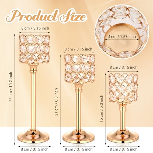 Mumufy 6 Pieces Crystal Candle Holders Set 3 Sizes Tall Crystal Wedding Candlestick Holders Pillar Candelabra Stand for Table Centerpieces for Christmas Party Wedding Dining Decoration (Gold) - Image 4