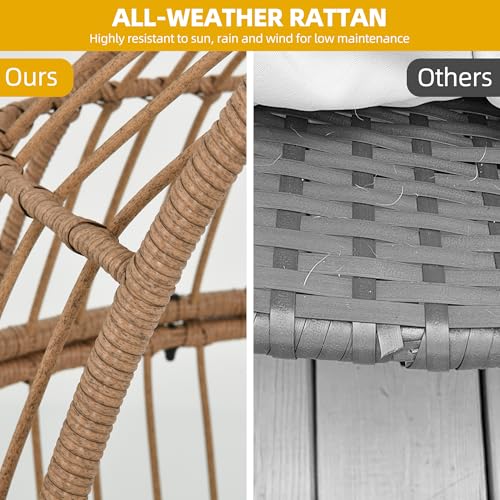 DWVO Narrow Egg Chair Wicker, Patio Rattan Basket Chair with 370lbs Capacity Outdoor Indoor Egg Chairs with Stand & Cushion Cocoon for Bedroom, Patio, Balcony, Beige