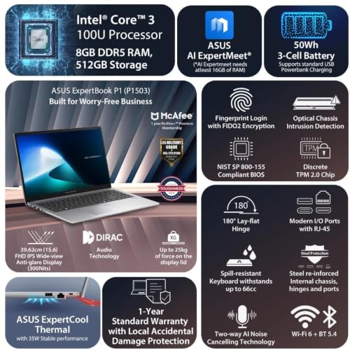 Image of ASUS ExpertBook P1 with 1 Yr ADP (i3 14th Gen) Intel Core 3 100U - (8 GB /512 GB SSD /Windows 11 Home) P1503CVAI-S70005WS Thin and Light Laptop (15.6 inch, Misty Grey, 1.66 Kg, with MS Office)