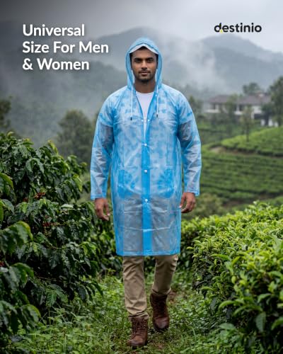 Image of Destinio Poncho for Men, Poncho for Women-Thick Waterproof PVC, Rain Coat, Reusable - Transparent Pocket Raincoat with Hood, Full Cover for Bag in Travel, Trekking, Bike Riders