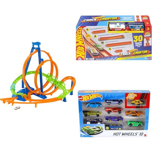 Image of Bundle of Hot Wheels Epic Crash Dash, Crash Zones, Easy Storage + Hot Wheels Track Creator Deluxe, 25 Feet of Track & Connectors (Amazon Exclusive) + Set of 10 Vehicles (Styles May Vary)