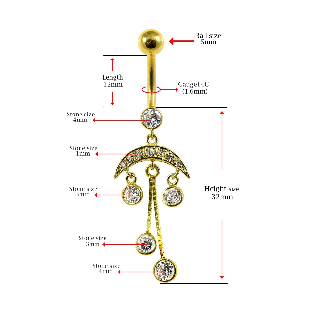 Piercing para el ombligo de oro amarillo macizo de 14 quilates con circonita cúbica y cadena italiana, joyería de ombligo de 14 quilates, calibre 14, 14 Gauge - 12mm Length, Circonia