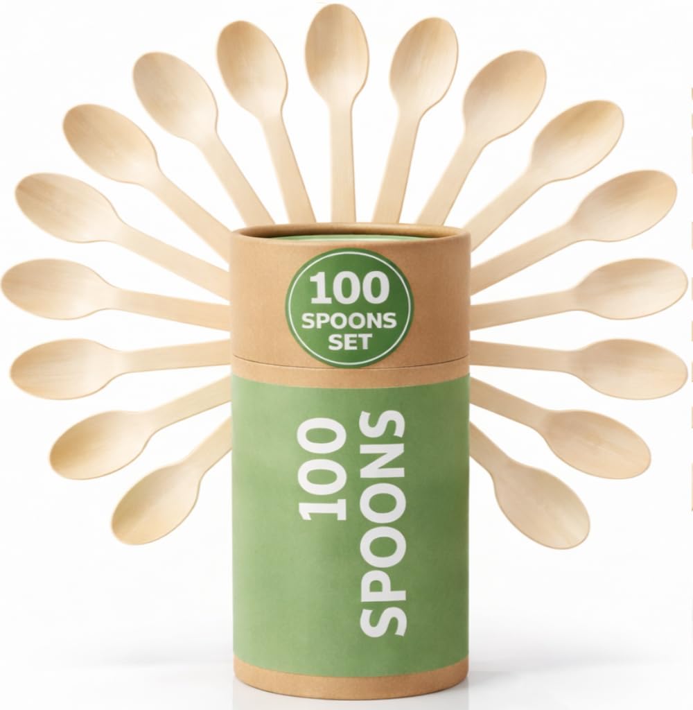 (100 Count) Disposable Wooden Spoons Set - Alternative to Plastic, Eco Friendly, Biodegradable, Compostable Cutlery Set - 100 Wood Spoons Disposable