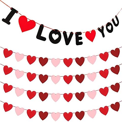 ZARYIEEO 5Pcs Heart Banner for Valentines Day, Felt Anniversary Wedding Engagement Proposal Confession Party Romantic Streamer Garland, Porch Wall Decor Craft Sign, I Love You String Decoration Cover