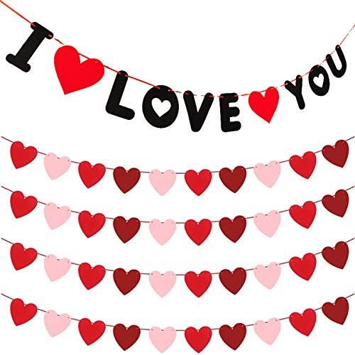 ZARYIEEO 5 x Herz-Banner für Valentinstag, Filz, Jahrestag, Hochzeit, Verlobung, Antrag, Party, romantische Girlande, Veranda, Wanddekoration, Bastelschild, "I Love You" Schnurdekoration Cover