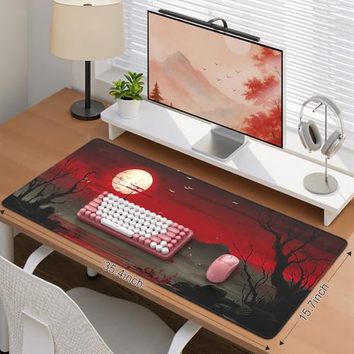 Image of iCasso Desk Protector Mat, Large Japanese Mouse Pad, Stable Rubber Base Mousepad with Stitched Edges, Keyboard Mouse Mat Desk Pad for Work, Game, Office, Home(Full Moon)