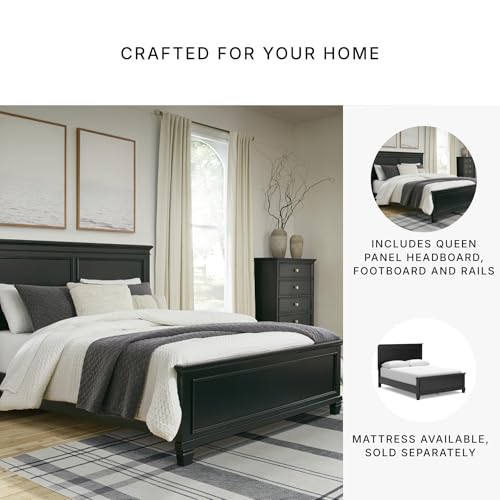Image of Signature Design by Ashley Lanolee Black Queen Panel Bed Frame, Wood | Durable hardwood solids, Birch veneer and MDF substrate, Elegant transitional style, Suited for modern farmhouse spaces