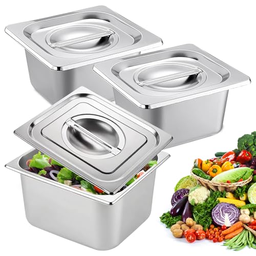 PORFOYO Lot De 3 Bac De Cuisson En Inox 1/6 Bac Inox 17,6x16,2x10cm Bols À Paner Avec Couvercle, Plat Rectangulaire Ensemble De Récipients En Acier Inoxydable Récipient Gastronorme Pour Nourriture