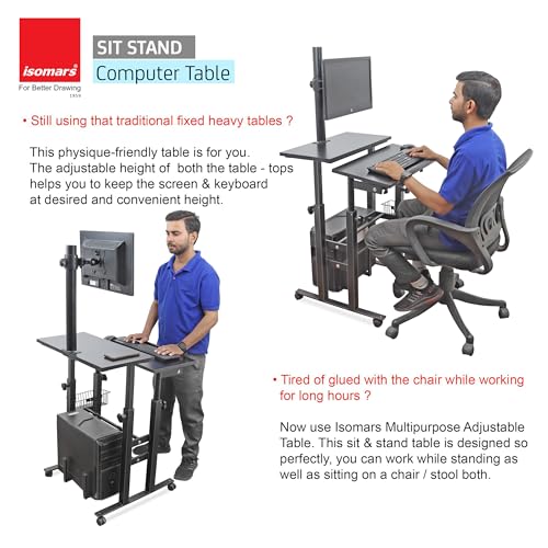 Image of Isomars Computer /Laptop Table with Adjustable Height & Angles, Sit Stand Table, Computer Desktop Workstation with Fixed Monitor Mount - Useful for Using Gadgets Like Desktop, Laptop, etc. (Black)