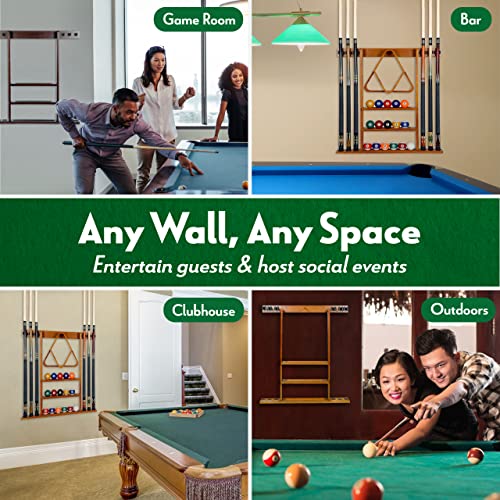 Iszy Billiards Pool Cue Rack - Billiard Pool Stick And Ball Holder Only - 100% Wood Wall Mount Holds 6 Cues And 16 Balls - Pool Table Accessories, Mahogany #TOP5