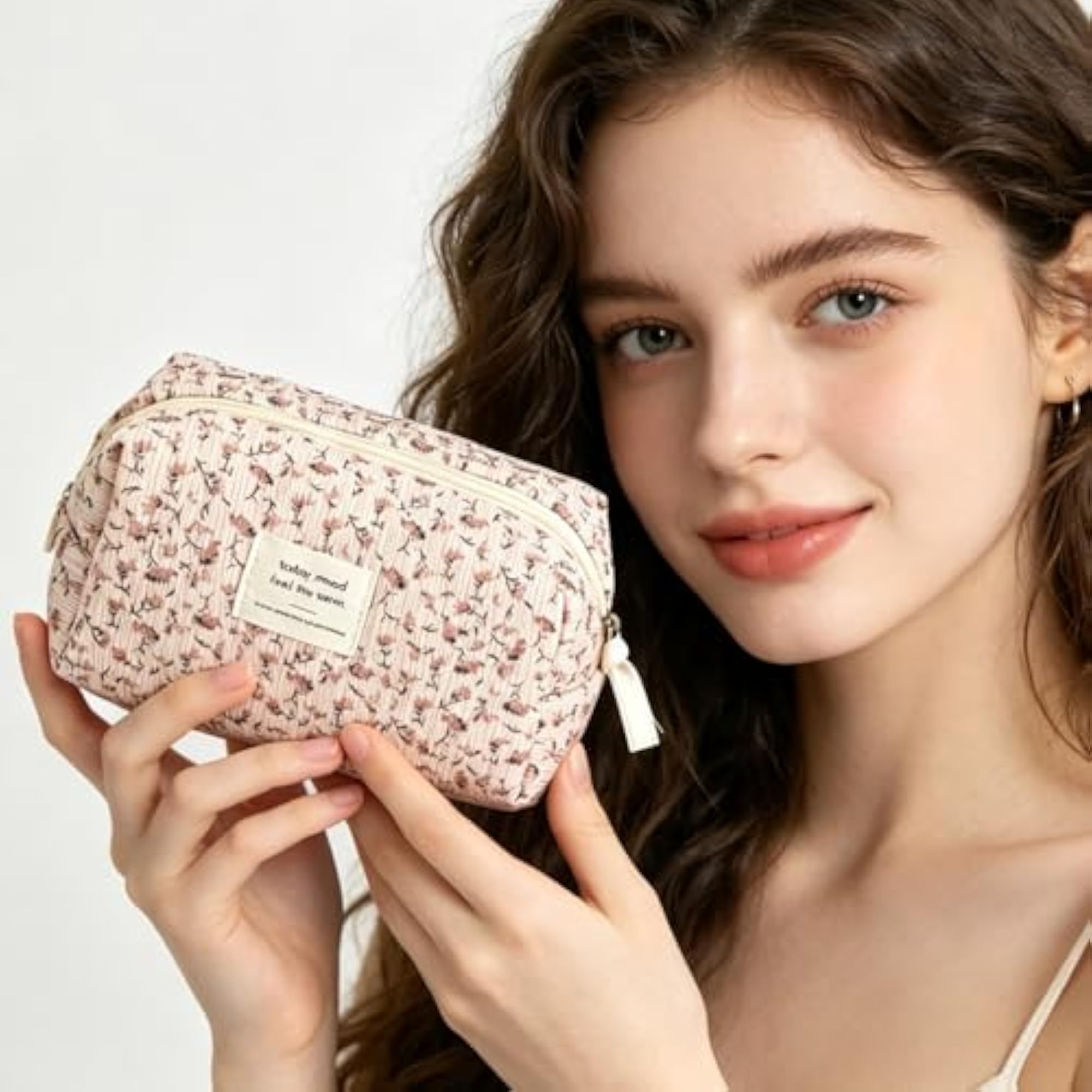 2 Pcs Small Cosmetic Bag, Rose Floral Canvas Makeup Bag