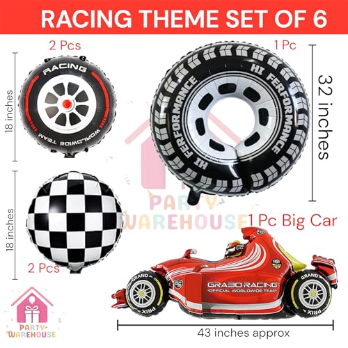 Image of Party Warehouse Racing Car Balloon Set for Boys Birthday-6Pcs |Race Theme Foil Balloons for Race Lovers|Red Car, Tyre & Checkered Flag Balloons for Kids /Adults Party Decorations