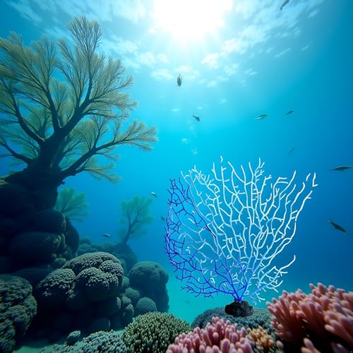 Image of GANPUB Blue Artificial Coral Branch Faux Aquariums Ornament Fish Tanks Landscape Sea Fan Decorations Artificial Coral Branch Aquarium Decor