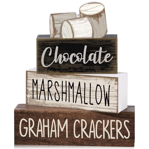 Image of Moucuny 4 Pcs Christmas Table Decoration Wooden Marshmallow Chocolate Christmas Tiered Tray Decor Xmas Centerpiece Decorative Hot Cocoa Marshmallow Block Signs Gift Winter Decoration for Home Kitchen