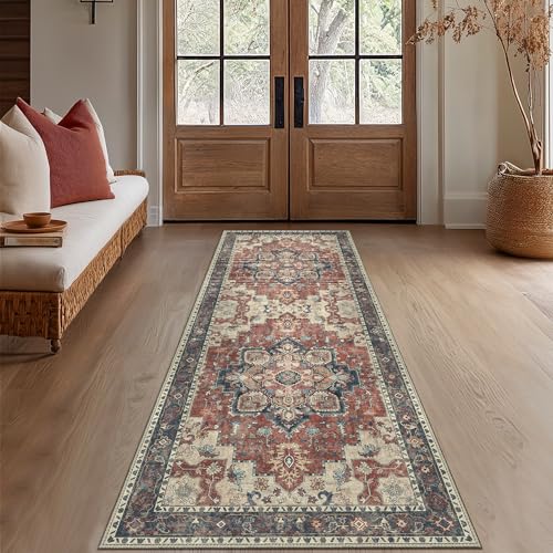 GENIMO 2x10 Runner Rugs for Hallway, Machine Washable Non Slip Vintage Rugs, Low Pile Lightweight Soft Print Rug for enrtyway, Corridor, Home Office, Kitchen, Bordeaux