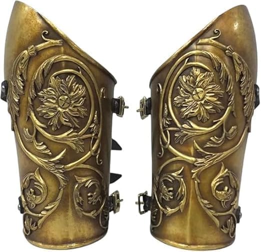 Golden Hand-Carved Medieval Bracers – Wearable Armor Forearm Guards Pair for LARP, Cosplay & Historical Reenactment