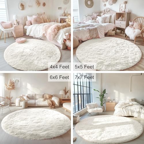 OLANLY Ivory Round Rugs for Bedroom - Machine Washable, 7 ft Circle Area Rugs for Living Room, Soft and Fluffy Shaggy Carpet for Teen Girls and Boys, Nursery Rooms, Dorms, Home Decor Aesthetic