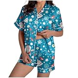 Generisch Pijama de mujer con estampado de copo de nieve de seda de satén, manga corta, con botones, azul celeste, S