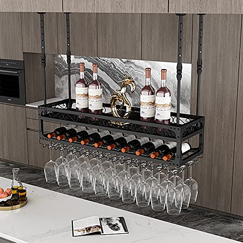 LUCEAE Estantería de vino, colgante de techo, estante para copas de vino, portabotellas de vino de alta resistencia, loft, decoración, estante de copas para bar/negro/120 x 30 cm