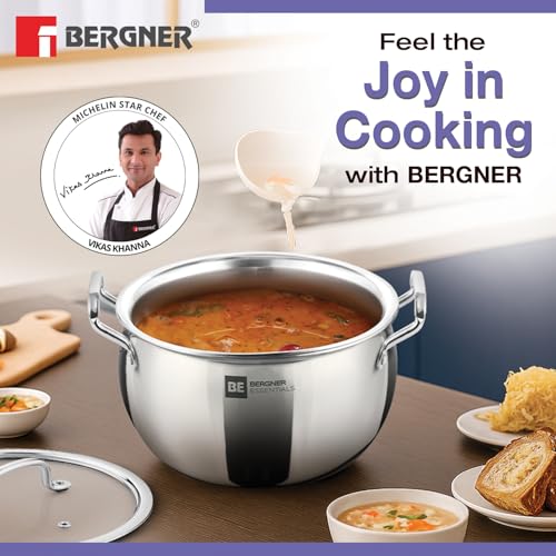 Image of Bergner BE Essentials TriPly Stainless Steel Rice Handi 28cm (9.5L), Biryani Handi with Glass Lid, Ergonomic Handle with Excellent Grip, Less Oil Use, Healthy Cooking - Induction and Gas Stove Ready