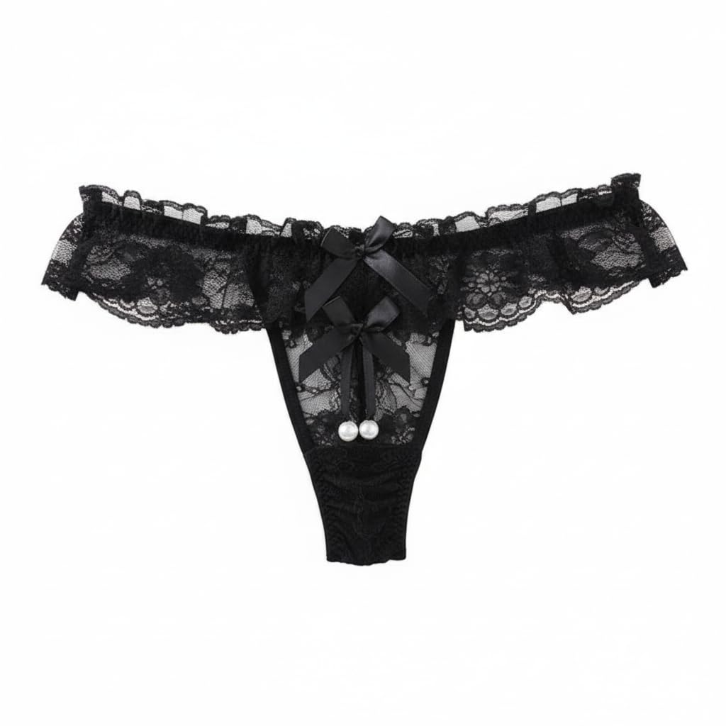 Red Lace Pearl Open Crotch Ruffle Panty with Bow Sexy Transparent Lingerie for Women-image-29
