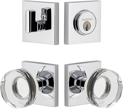 Viaggio 628918 Pomo de cristal con roseta cuadrada cromada brillante y cerrojo a juego, juego de fondo 2-34"