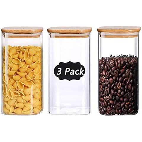 1500ml Glass Jars with Bamboo Lids, 3pcs Air Tight Kitchen Food Cereal Containers for Storage,Canister Set for Jam Pasta Spaghetti Tea Coffee Beans Cookie Snack Flour Cover