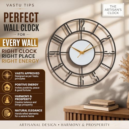Image of Modern Mid-Century Metal Wall Clock with Large Number Cut-Out Design, Silent Sweep Movement, Golden & Black Hands, Antique Gold Texture, Powder-Coated Frame for Living Room, Bedroom & Office 15 Inch