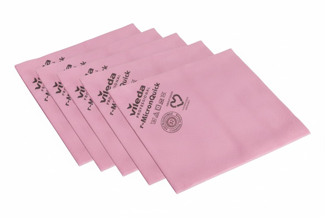 Vileda Professional r‑MicronQuick Microfibre Cleaning Cloth, Red, 5‑Pack – Recycled Microfibre for Hygienic, Streak‑Free Cleaning of Touched Surfaces, Up to 99.99% Virus & Bacteria Removal (38×40 cm)