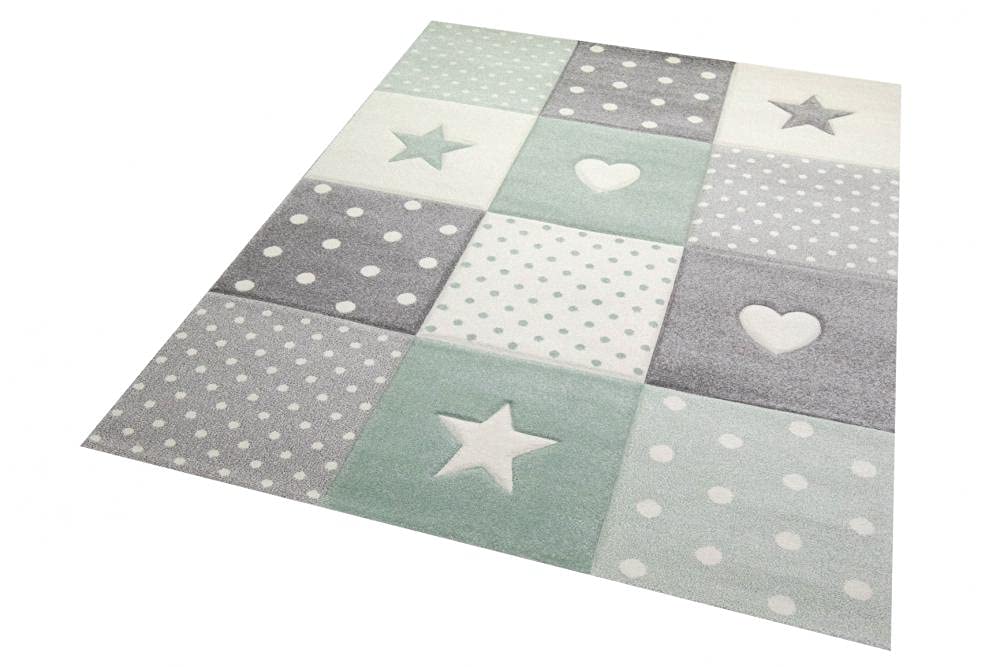 CARPETIA Tapis de Jeu Chambre Enfant Pois Étoiles Cœurs en Vert Gris crème - très résistant & antisalissure Größe 160x230 cm