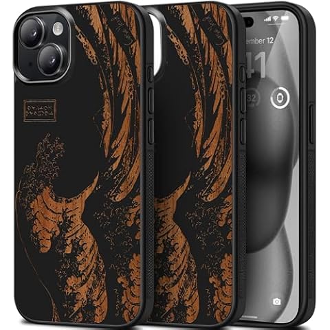 CaseYard Black Wood Case Compatible with iPhone-15, Great Wave Design - Laser Engraved Shockproof Protective Cover, Slim & Lightweight, Raised Edges for Screen & Camera, Soft-Touch Buttons Cover
