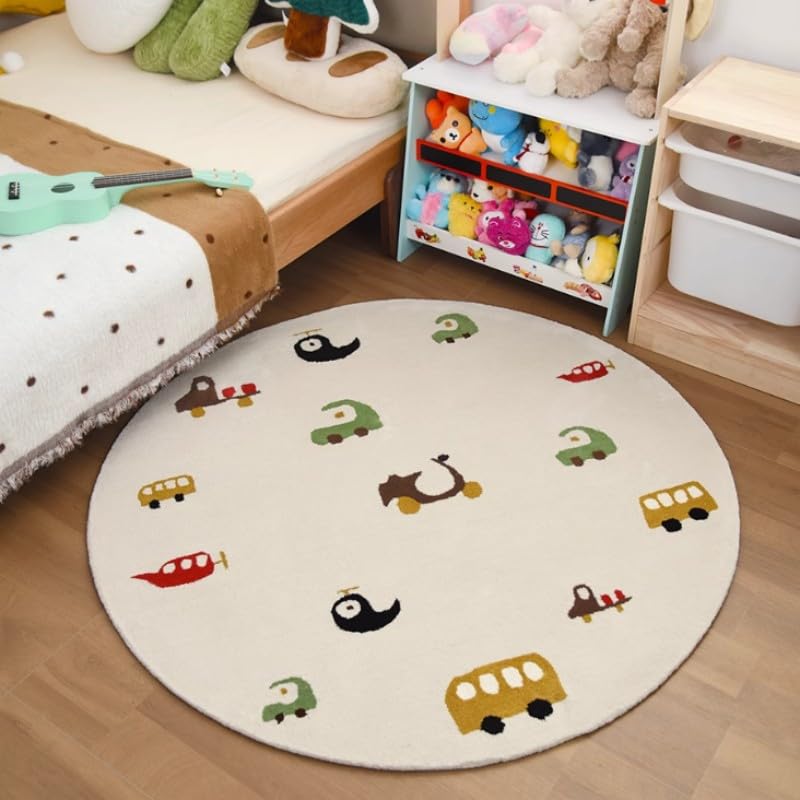 Poowe Round Kids Play Rug 3.3ft, Soft Faux Wool Kids Car/Truck Play Mat Children Rug for Bedroom Living Room Playroom