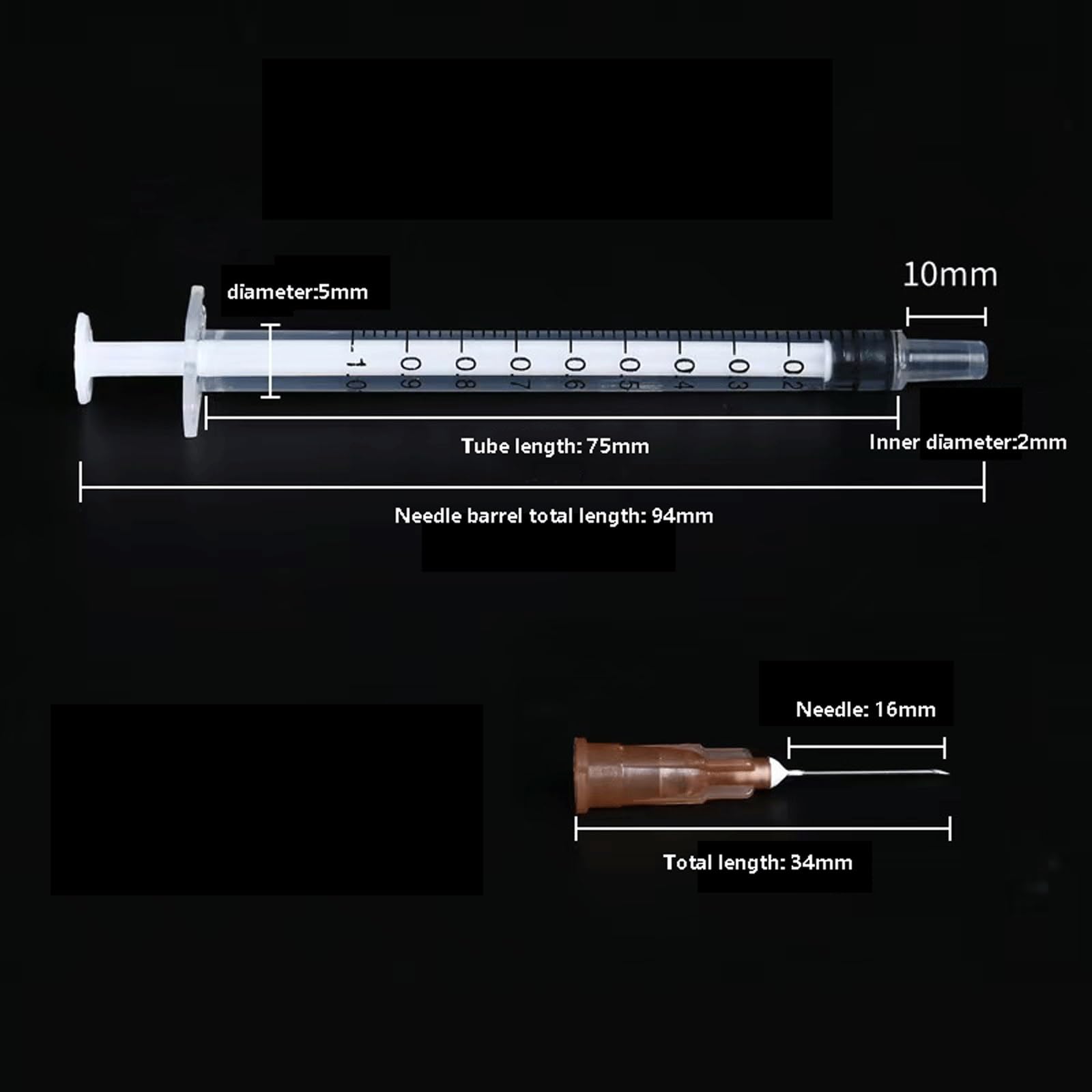 Lot de 200 seringues en plastique liquide de 1 ml avec aiguille, utilisées pour mesurer les seringues d'alimentation des animaux domestiques, mesurer les tubes de remplissage de liquide ou les