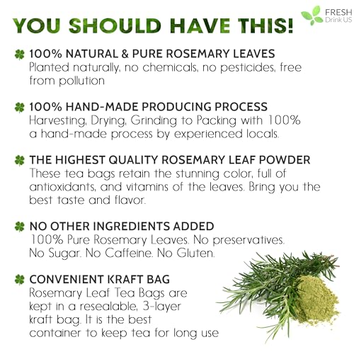 Image of FRESHDRINKUS, 31 Rosemary Leaf Tea Bags, 100% Natural and Pure Rosemary Dried Leaves, Pure Herbal Tea, No Additives, No Caffeine, No Gluten, Vegan.