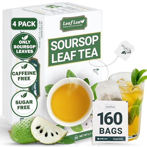 Image of LeafLea 160 Premium Soursop Tea Bags, Natural & Pure Soursop Graviola Tea Leave, Hoja Guanabana Leaf Herbal Tea Bags Variety Pack of 4, Digestive Support, Nutrient-Rich, Vegan, Sugar /Caffeine Free