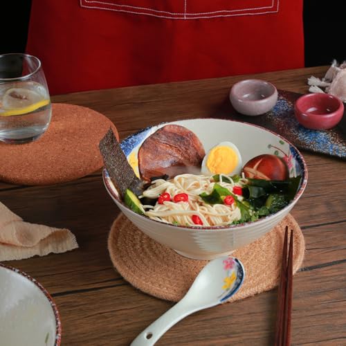 Ramen Schüssel Set 2 x 1200ml Keramik Ramen Bowl mit Essstäbchen und Löffeln,Japanisches Stil Porzellan Geschirr Suppenschüssel Groß Salatschüssel Pho Bowl,Mikrowelle & Spülmaschinenfest,Blume