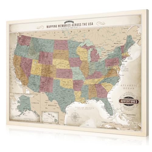 Image of DECORARTS - Oversized Vintage Soft Pastel USA Map Canvas Wall Art, Extra Large United States Maps for Wall Decor, Gallery Statement, Hand-Stretched Giclee Print, Handcrafted in USA, 40x30''
