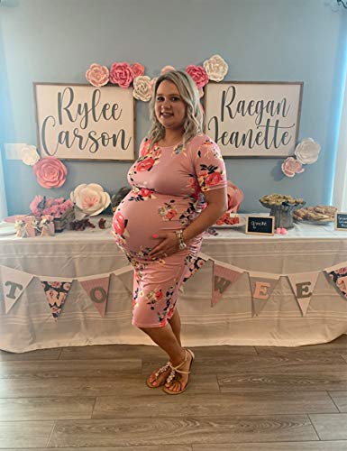 Floral Fitted Baby Shower Dresses for Pregnant Women Pink XL