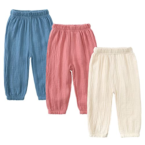Image of Kids Tales 3 Pack Boys Girls Cotton Linen Pants Child Basic Plain Solid Trousers Big Kids Elastic Waist Long Pants Bloomers