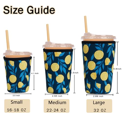 Image of Reusable Insulated Sleeve for Iced Coffee Cup, 3-Pack Coffee Neoprene Drink Sleeve for Cold & Hot Drinks, Beverage Holder for Iced Coffee (Navy Lemons)