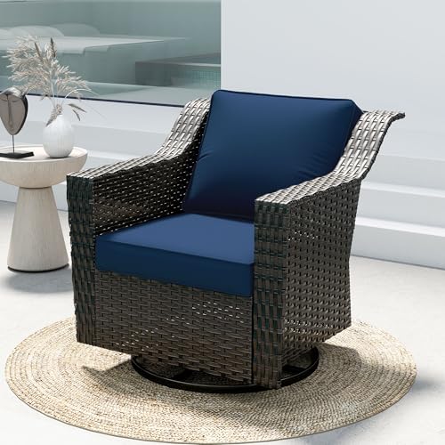 Image of Patio Glider Rocking Chair, Wicker Outdoor Conversation Set | Patio Chair Set with Olefin Removable Cushion, All-Weather Swivel Chairs with Deep Seat for Porch, Deck and Backyard, Blue
