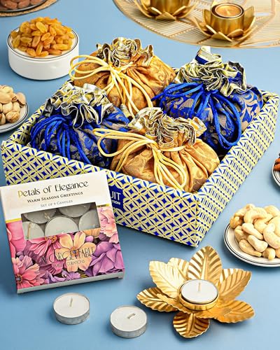 Image of HyperFoods Diwali Hamper Gifts DryFruit Combo Pack Rawfruit's Handcrafted Potli Blue Dry Fruits Pack of 4 Almond Cashew Raisins Pistachios 495 Gr Diwali Gifts for Family and Friends DryFruit Gift Box