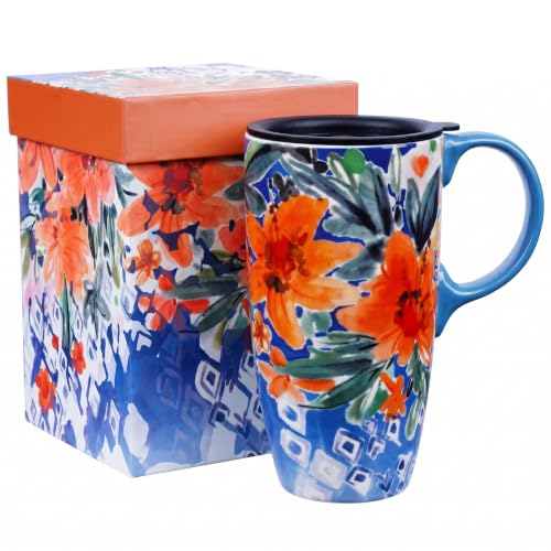 Taza de cerámica para viaje 17oz con tapa diseño floral