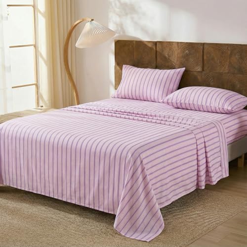 Image of Merryword 100% Cotton Sheet Set Full Size - Pink & Purple Striped Bedding, Soft Breathable Percale Weave, Deep Pocket Fitted Sheet 17.5 inch, Luxury & Silky Soft Sheet Set for All Seasons
